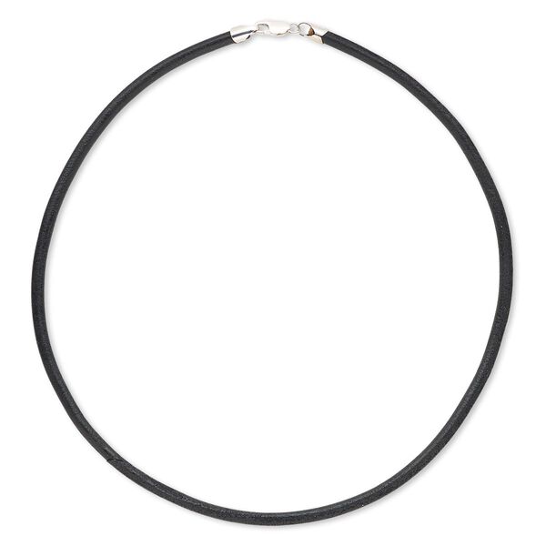 Necklace cord, leather (dyed) and sterling silver, black, 4mm round, 18 inches with lobster claw clasp. Sold individually. image number 0