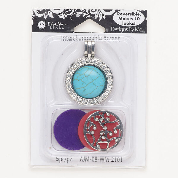 Pendant, silver-finished brass / acrylic / glass, clear and multicolored, 39.5x29mm round locket. Sold per pkg of 5. image number 0