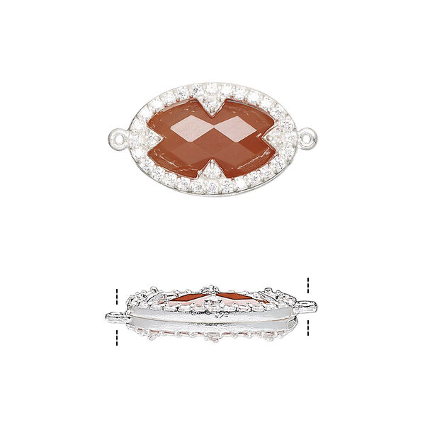 Link, carnelian (dyed / heated) / cubic zirconia / sterling silver, clear, 18x12mm double-sided faceted oval. Sold individually. image number 0