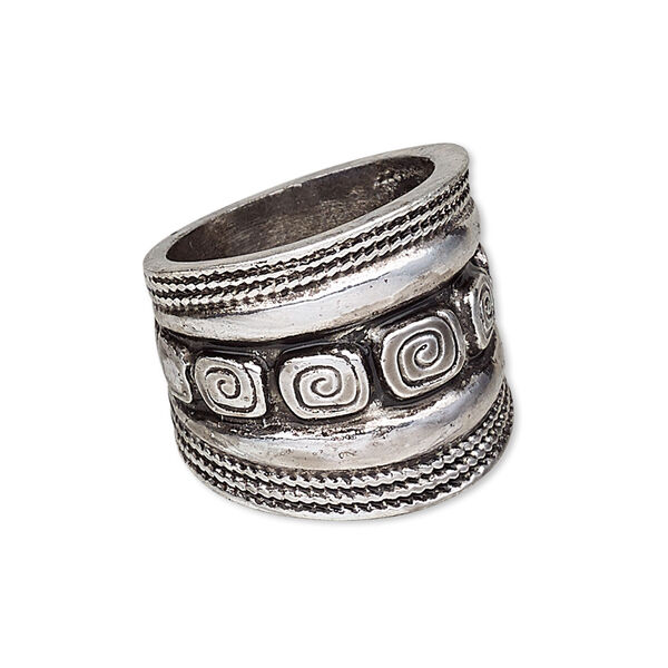 Ring, antique silver-plated "pewter" (zinc-based alloy), 21mm wide with square swirl design, size 8. Sold individually. image number 0