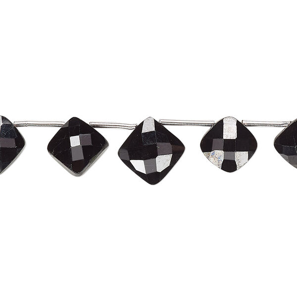 Bead, black spinel (natural), 8-10mm graduated hand-cut top-drilled faceted cushion, B grade, Mohs hardness 8. Sold per 4-inch strand, approximately 7 beads. image number 0