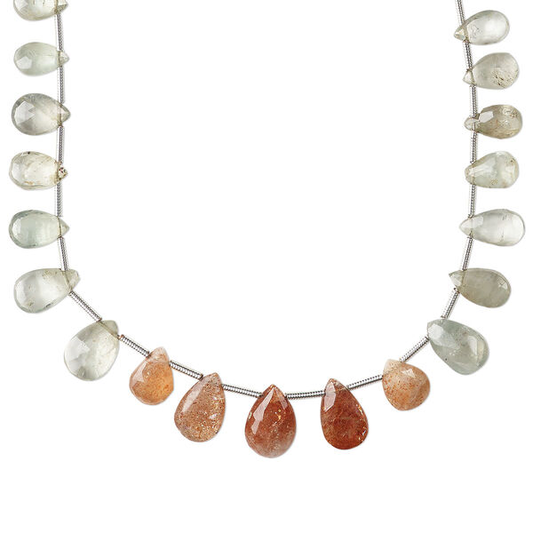 Bead, Oregon sunstone (natural), 7x5-13x8mm hand-cut top-drilled faceted puffed teardrop, B grade, Mohs hardness 6 to 6-1/2. Sold per 8-inch strand, approximately 20 beads. image number 0