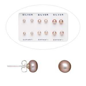Earstud, sterling silver and cultured freshwater pearl, mauve, 4-4.5mm / 5-5.5mm / 6-6.5mm button with post. Sold per pkg of 6 pairs.