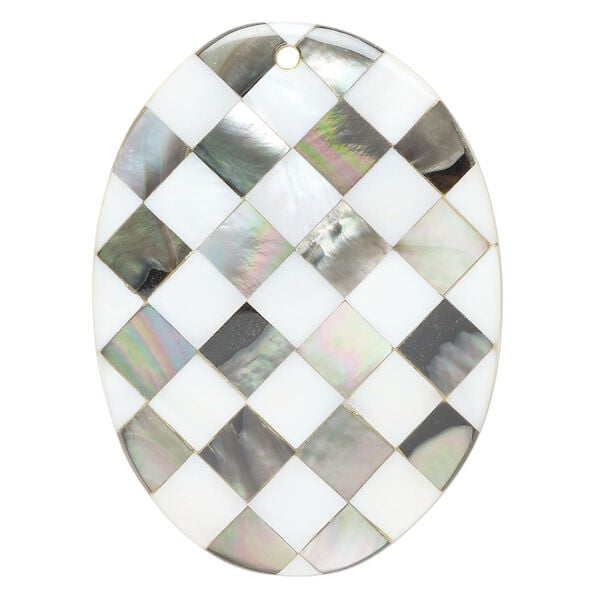 Focal, black lip shell / mother-of-pearl shell / resin (assembled) 1pkg1, 63x48mm-65x50mm top-drilled 1sided curved oval with checkerboard pattern. image number 0