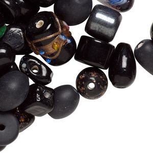 Bead mix, lampworked glass, black, 7x4mm-14x11mm mixed shape. Sold per 100-gram pkg, approximately 60-100 beads.