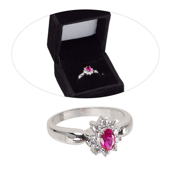Ring, cubic zirconia and rhodium-finished brass, ruby red and clear, 10.5mm fancy oval, size 8. Sold individually. image number 0
