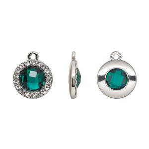 Drop, glass / glass rhinestone / imitation rhodium-finished "pewter" (zinc-based alloy), clear and transparent emerald green, 15.5mm single-sided round. Sold per pkg of 2.
