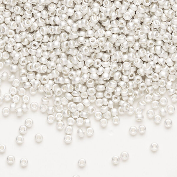 Seed bead, Miyuki, glass, pkg/4g, #11 rocaille, opaque silver-plated matte, (RR-961F). image number 0
