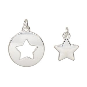 Charm, silver-finished "pewter" (zinc-based alloy) and steel, 18mm round with star cutout design and 12mm single-sided star. Sold per pkg of (2) 2-piece sets.