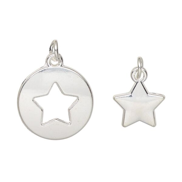 Charm, silver-finished "pewter" (zinc-based alloy) and steel, 18mm round with star cutout design and 12mm single-sided star. Sold per pkg of (2) 2-piece sets. image number 0