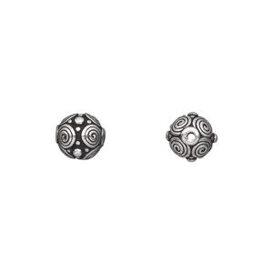Bead, TierraCast®, antique silver-plated pewter (tin-based alloy), 8mm round with spirals and dots design. Sold per pkg of 20.