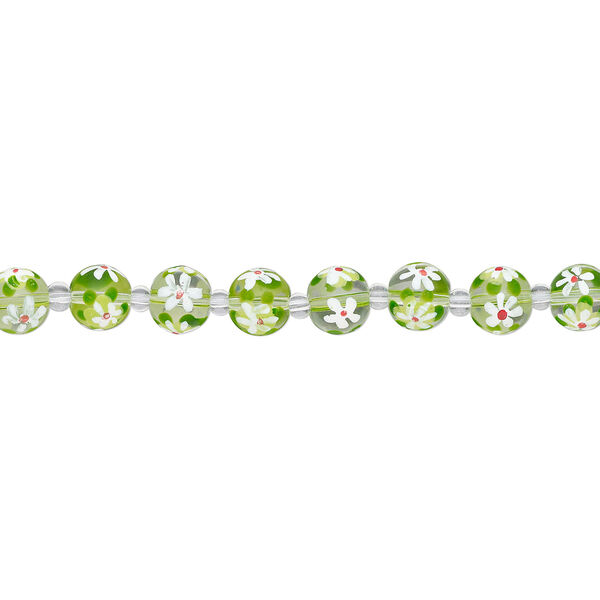 Bead, glass 1pkg8, multicolored, 12mm round with hand-painted flower. image number 1