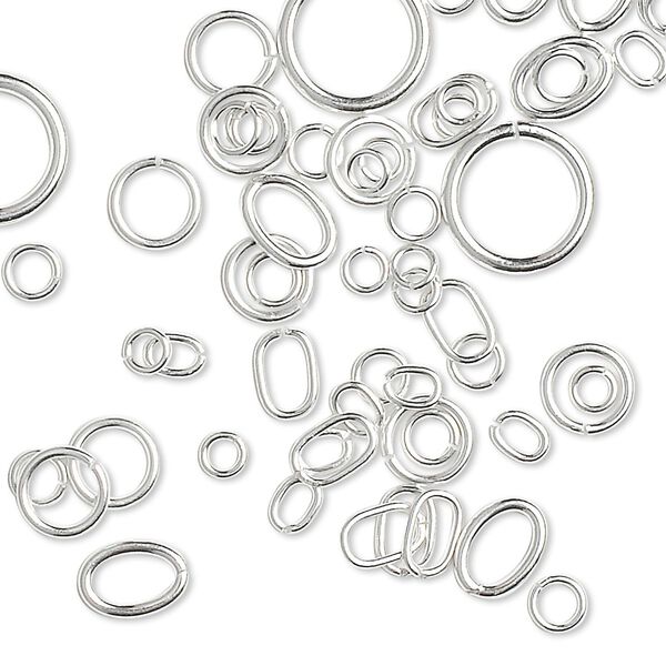 Jump ring mix, sterling silver, 3-10mm round with 1.4-7.6mm inside diameter and 4x3mm-7x5mm oval with 2.5x1.5mm-5x3.3mm inside diameter, 20-26 gauge. Sold per 5-gram pkg, approximately 75-85 jump rings. image number 0