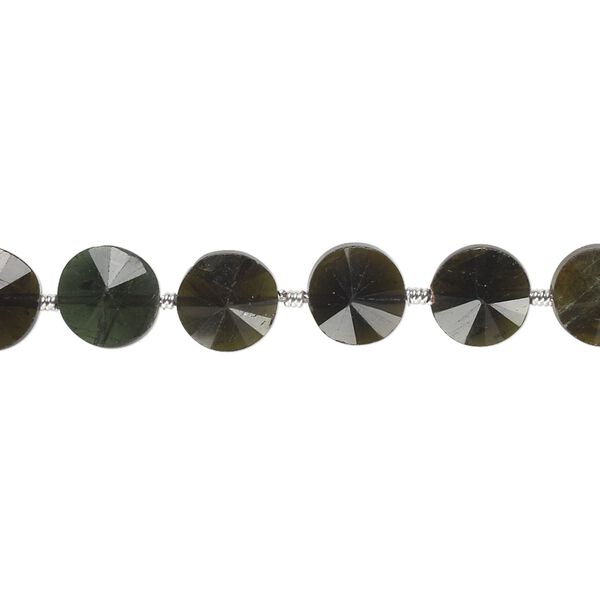 Green tourmaline 1pkg12, hand-cut faceted flat round bead natural 6-8mm image number 0