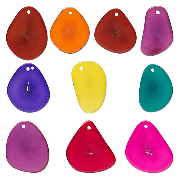 Drop mix, tagua nut (dyed), mixed colors, 26x20mm-33x24mm flat teardrop. Sold per pkg of 10. image number 0