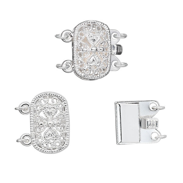 Clasp, 2-strand tab, silver-plated brass, 14x9mm filigree oval. Sold per pkg of 2. image number 0