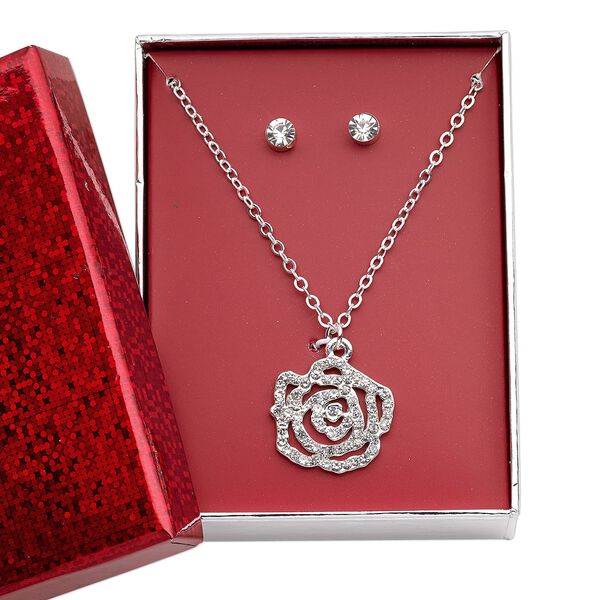 Necklace and earring set, glass rhinestone / silver-finished brass / steel / "pewter" (zinc-based alloy), clear, 21x20mm rose, 15" to 16" necklace with 3-inch extender chain and lobster claw clasp, 5mm round with post. Sold per set. image number 0
