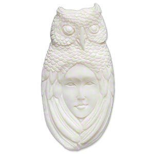 Embellishment, bone (bleached), white, 62x30mm-66x34mm hand-carved single-sided undrilled spirit owl, Mohs hardness 2-1/2. Sold individually.