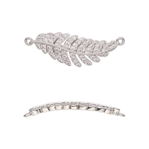 Link, cubic zirconia and silver-plated brass, clear, 26.5x10mm single-sided curved feather. Sold individually. image number 0