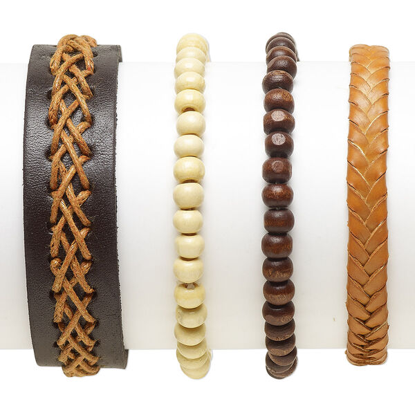 Bracelet mix, Everyday Jewelry, leather (dyed) / Japanese pagoda wood / waxed cotton cord, dark brown / brown / cream, 5-18.5mm wide, 7-8 inches. Sold per pkg of 4. image number 0