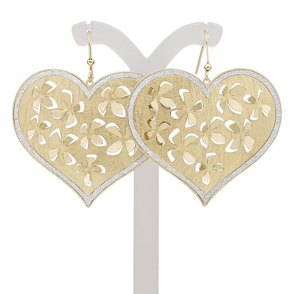 Earring, gold-finished brass, silver with glitter, 2 inches with scratched heart and punched flower design with fishhook ear wire. Sold per pair. image number 0