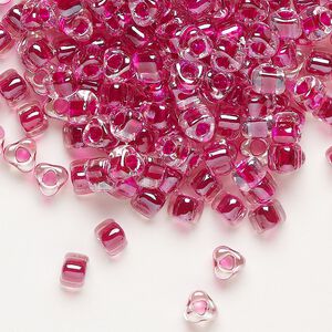 Seed bead, Miyuki, glass, transparent clear color-lined cranberry, (TR1140), #5 triangle. Sold per 25-gram pkg.