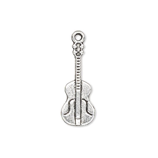 Charm, antique silver-plated "pewter" (zinc-based alloy), 24x10mm single-sided guitar. Sold per pkg of 10. image number 0