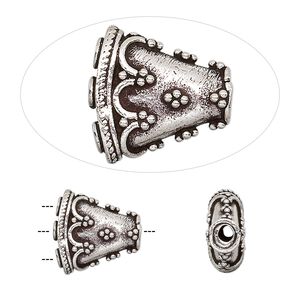 Bead, antiqued sterling silver, 12.5x12.5x11.5mm double-sided triangle cone, 1 hole to 3 holes. Sold individually.