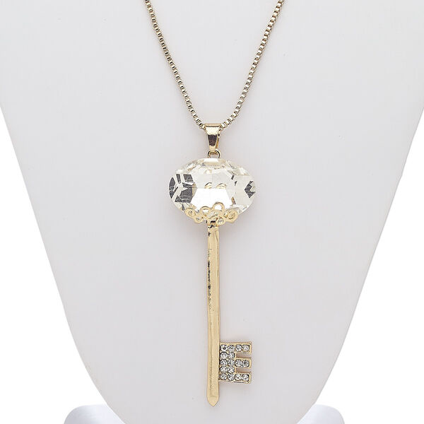 Necklace, glass rhinestone / glass / gold-finished steel / "pewter" (zinc-based alloy), clear, 3-1/4 x 1-inch key, 28 inches with 3-inch extender chain and lobster claw clasp. Sold individually. image number 0