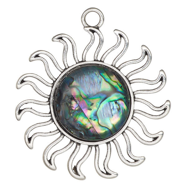 Focal, antique silver-finished "pewter" (zinc-based alloy) and paua (coated), 2x2-inch single-sided sun. Sold individually. image number 0