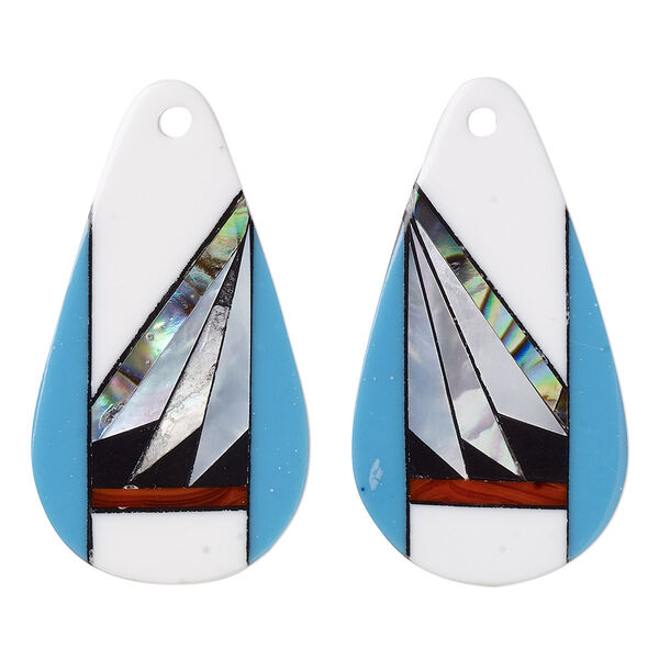Drop, black lip shell / paua shell / resin, multicolored, 28x15mm single-sided right- and left-facing flat teardrop. Sold per pkg of 2. image number 0