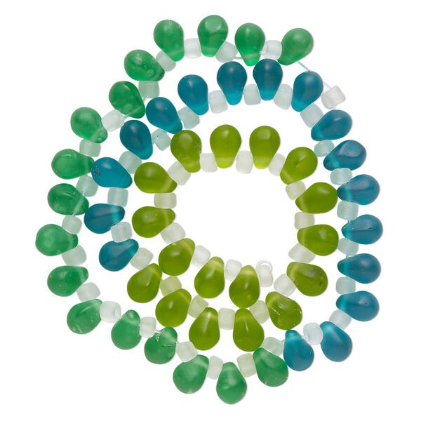 Bead, glass, translucent matte light green, green and teal, 8x6mm top-drilled teardrop with irregular rondelles. Sold per 14-inch strand. image number 0
