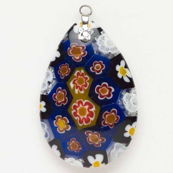Focal 1pkg1 silver-finished steel and millefiori glass, translucent and transparent blue and multicolored, 47x30mm-48x33mm puffed teardrop. image number 0