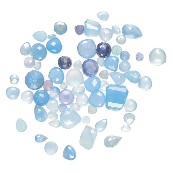 Bead mix, blue chalcedony (dyed / coated), light to medium, 5x3mm-15mm hand-cut top- and center-drilled faceted mixed shapes with 0.4-1.4mm hole, C grade, Mohs hardness 6-1/2 to 7. Sold per 1-ounce pkg, approximately 60-70 beads. image number 0