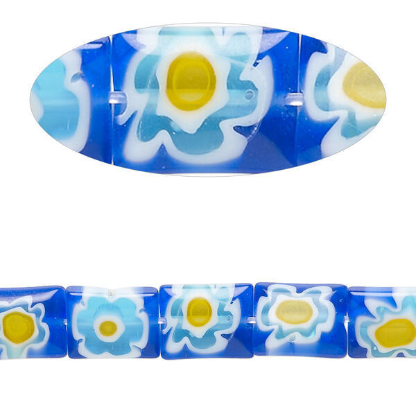 Bead, millefiori glass, translucent cobalt blue / white / multicolored, 9x7mm-10x8mm puffed rectangle. Sold per 14-inch strand, approximately 35 beads. image number 0