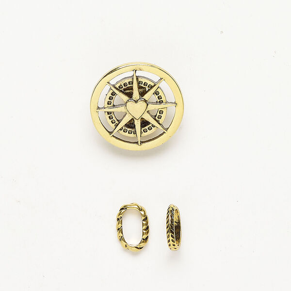 Slider bead 1pkg3, antique gold-finished brass and stainless steel, 26mm compass / 13x2mm textured rondelle / 14x3mm twisted rondelle. image number 0