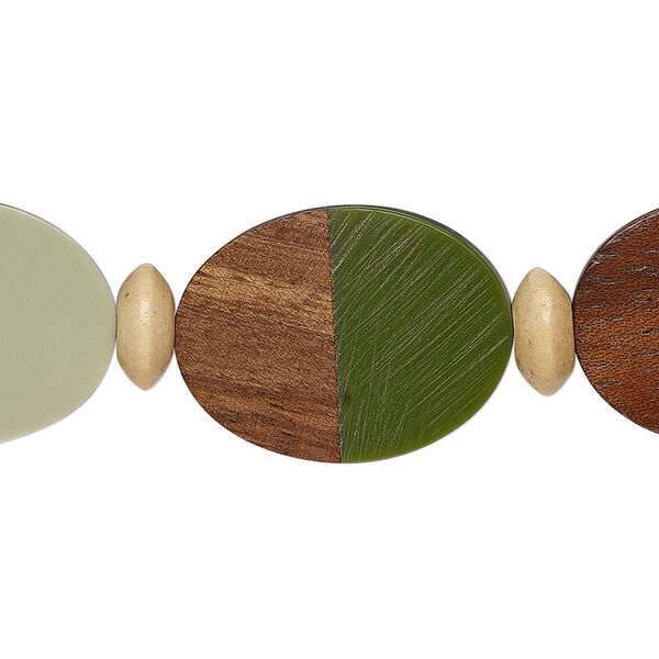 Bead, yellow boxwood and resin (assembled), light green / green / dark green, 23x18mm oval. Sold per 6-inch strand, approximately 6 beads. image number 0