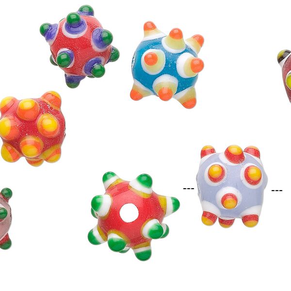Bead, lampworked glass, opaque multicolored, 10mm bumpy round. Sold per pkg of 10. image number 0