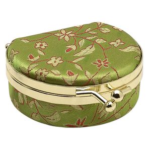 Jewelry box, nylon brocade / velveteen / gold-finished steel, green and multicolored, 2-3/4 x 2-1/4 x 1-1/8 inch hinged 3/4 round with mirror and floral design. Sold individually.
