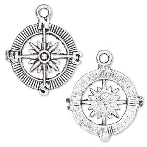 Charm, antique silver-plated "pewter" (zinc-based alloy), 25x25mm single-sided compass rose. Sold per pkg of 4.