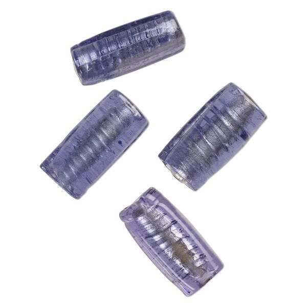 Bead, lampworked glass, opaque purple, 24x12mm-23x11mm flat tube with silver-colored foil. Sold per pkg of 4. image number 0