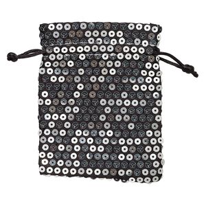 Pouch, satin and plastic sequins, black and silver, 4-3/4 x 3-3/4 inches. Sold per pkg of 3.