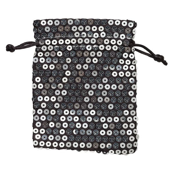Pouch, satin and plastic sequins, black and silver, 4-3/4 x 3-3/4 inches. Sold per pkg of 3. image number 0