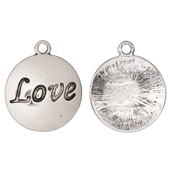 Drop, antique silver-finished "pewter" (zinc-based alloy), 25mm single-sided domed flat round with "Love." Sold per pkg of 2. image number 0