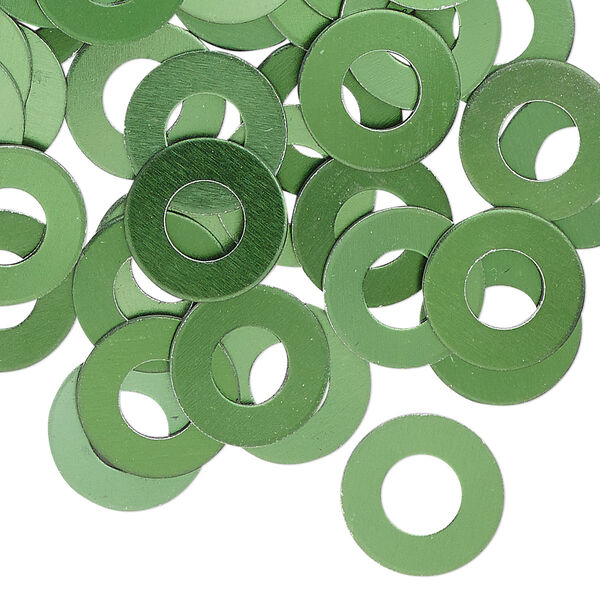 Washer, anodized aluminum, dark green, 13mm double-sided flat round blank with 6mm hole, 20 gauge. Sold per pkg of 100. image number 0