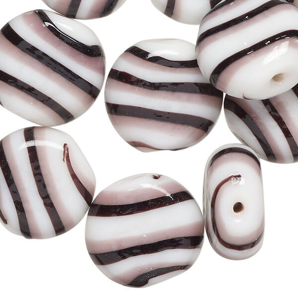 Bead, lampworked glass, opaque black / purple / white, 17mm flat round. Sold per pkg of 10. image number 0