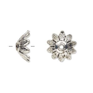 Bead cap, antique silver-finished "pewter" (zinc-based alloy), 14x7mm flower petal, fits 12-16mm bead. Sold per pkg of 20.
