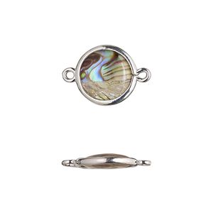 Link, paua shell and imitation rhodium-finished brass (assembled), 12.5-13.5mm double-sided round. Sold per pkg of 4.