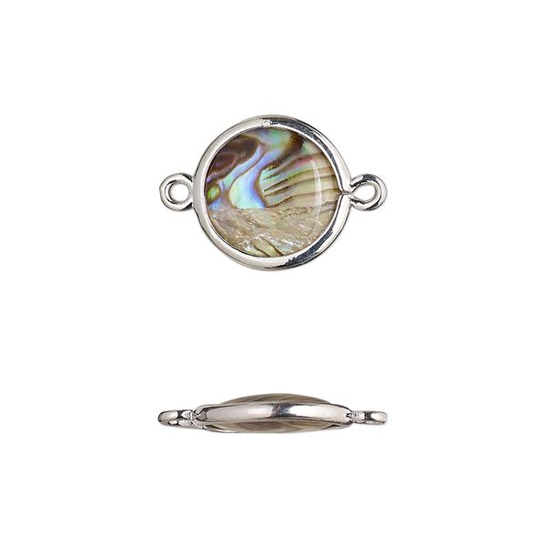 Link, paua shell and imitation rhodium-finished brass (assembled), 12.5-13.5mm double-sided round. Sold per pkg of 4. image number 0