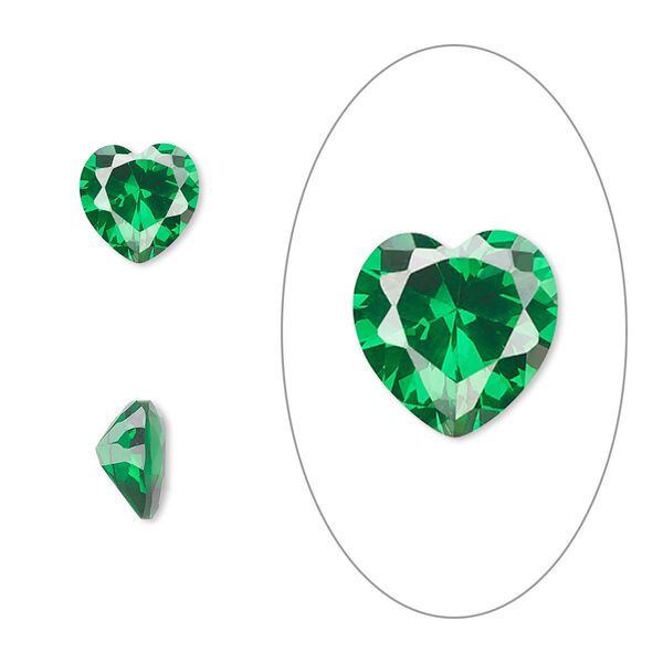 Gem, cubic zirconia, emerald green, 8mm faceted heart, Mohs hardness 8-1/2. Sold individually. image number 0